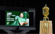 12 October 2019; The Webb Ellis Cup is seen as Ireland captain Rory Best is seen on the big screen prior to the 2019 Rugby World Cup Pool A match between Ireland and Samoa at the Fukuoka Hakatanomori Stadium in Fukuoka, Japan. Photo by Brendan Moran/Sportsfile