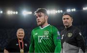 12 October 2019; Aaron Connolly of Republic of Ireland, centre, and Republic of Ireland assistant coach Robbie Keane after the UEFA EURO2020 Qualifier match between Georgia and Republic of Ireland at the Boris Paichadze Erovnuli Stadium in Tbilisi, Georgia. Photo by Stephen McCarthy/Sportsfile