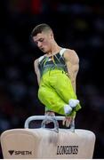 12 October 2019; Rhys McClenaghan of Ireland competing for a bronze medal in the pommel-horse final during the 49th FIG Artistic Gymnastics World Championships at Stuttgart in Germany. Photo by Thomas Schreyer/Sportsfile