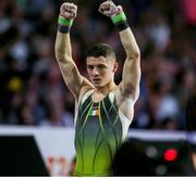 12 October 2019; Rhys McClenaghan of Ireland celebrates winning a Bronze medal in the pommel-horse final during the 49th FIG Artistic Gymnastics World Championships at Stuttgart in Germany. Photo by Thomas Schreyer/Sportsfile