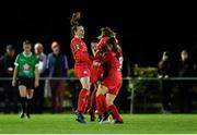 12 October 2019;  Shelbourne players including Rebecca Cooke, left, celebrate after Emily Whelan scored her sides first goal during the Só Hotels Women’s National League match between Peamount United and Shelbourne at PRL Park, Greenogue, Co. Dublin. Photo by Sam Barnes/Sportsfile
