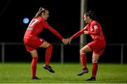 12 October 2019; Rebecca Cooke of Shelbourne, left, celebrates after scoring her side's second goal with Jess Ziu during the Só Hotels Women’s National League match between Peamount United and Shelbourne at PRL Park, Greenogue, Co. Dublin. Photo by Sam Barnes/Sportsfile