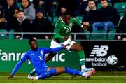 10 October 2019; Michael Obafemi of Republic of Ireland is tackled by Claud Adjapong of Italy during the UEFA European U21 Championship Qualifier Group 1 match between Republic of Ireland and Italy at Tallaght Stadium in Tallaght, Dublin. Photo by Sam Barnes/Sportsfile