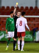 11 October 2019; Tarik Ibrahimagic of Denmark is shown a yellow card by referee John McLoughlin during the Under-19 International Friendly match between Republic of Ireland and Denmark at The Showgrounds in Sligo. Photo by Sam Barnes/Sportsfile