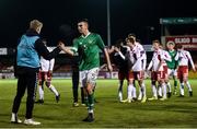 11 October 2019; Oisin McEntee of Republic of Ireland shakes hands with Denmark players following the Under-19 International Friendly match between Republic of Ireland and Denmark at The Showgrounds in Sligo. Photo by Sam Barnes/Sportsfile