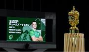 12 October 2019; The Webb Ellis Cup is seen as James Ryan of Ireland is introduced prior to the 2019 Rugby World Cup Pool A match between Ireland and Samoa at the Fukuoka Hakatanomori Stadium in Fukuoka, Japan. Photo by Brendan Moran/Sportsfile