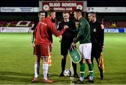 11 October 2019; Mathias Ross Jensen of Denmark and Oisin McEntee of Republic of Ireland shake hands and exchange pendants ahead of the Under-19 International Friendly match between Republic of Ireland and Denmark at The Showgrounds in Sligo. Photo by Sam Barnes/Sportsfile
