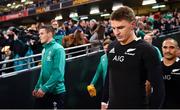 17 November 2018; Beauden Barrett of New Zealand walks out alongside Jonathan Sexton of Ireland, left, prior to the Guinness Series International match between Ireland and New Zealand at Aviva Stadium, Dublin. Photo by Brendan Moran/Sportsfile