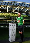 16 October 2019; Áine O'Gorman of Peamount United with the Só Hotels FAI Women's Cup during the FAI Cup Finals Day Photo Call at the Aviva Stadium in Dublin. Photo by Harry Murphy/Sportsfile