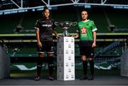 16 October 2019; Rianna Jarrett of Wexford Youths and Áine O'Gorman of Peamount United with the Só Hotels FAI Women's Cup during the FAI Cup Finals Day Photo Call at the Aviva Stadium in Dublin. Photo by Harry Murphy/Sportsfile