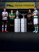 16 October 2019; Robbie Benson of Dundalk, Áine O'Gorman of Peamount United, Rianna Jarrett of Wexford Youths and Ronan Finn of Shamrock Rovers with the extra.ie FAI Cup and the Só Hotels FAI Women's Cup  during the FAI Cup Finals Day Photo Call at the Aviva Stadium in Dublin. Photo by Harry Murphy/Sportsfile
