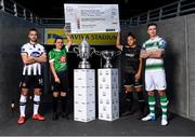 16 October 2019; Robbie Benson of Dundalk, Áine O'Gorman of Peamount United, Rianna Jarrett of Wexford Youths and Ronan Finn of Shamrock Rovers with the extra.ie FAI Cup and the Só Hotels FAI Women's Cup  during the FAI Cup Finals Day Photo Call at the Aviva Stadium in Dublin. Photo by Harry Murphy/Sportsfile