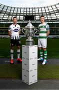 16 October 2019; Robbie Benson of Dundalk and Ronan Finn of Shamrock Rovers with the extra.ie FAI Cup during the FAI Cup Finals Day Photo Call at the Aviva Stadium in Dublin. Photo by Harry Murphy/Sportsfile