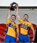 13 October 2019; Sixmilebridge joint captains Noel Purcell and Seadna Morey lift the cup after the Clare County Senior Club Hurling Championship Final match between Cratloe and Sixmilebridge at Cusack Park in Ennis, Clare. Photo by Diarmuid Greene/Sportsfile