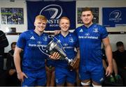 13 October 2019; Leinster A players Tommy O'Brien, Gavin Mullin and Oisín Dowling with the cup following their victory in the Celtic Cup Final match between Leinster A and Ulster A at Energia Park in Donnybrook, Dublin. Photo by Ramsey Cardy/Sportsfile
