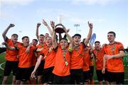 13 October 2019; Sean McManus of Bohemians lifts the Mark Farren cup following the SSE Airtricity League - U17 Mark Farren Cup Final match between Kerry and Bohemians at Mounthawk Park in Tralee, Kerry. Photo by Harry Murphy/Sportsfile