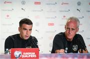 14 October 2019; Republic of Ireland manager Mick McCarthy, right, and Seamus Coleman during a Republic of Ireland press conference at Stade de Genève in Geneva, Switzerland. Photo by Stephen McCarthy/Sportsfile