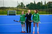 14 October 2019; Minister for Sport Shane Ross, T.D. in attendance alongside Ireland hockey players Katie Mullan, left, and Deirdre Duke at the official opening of the Sport Ireland Hockey Training Centre at the Sport Ireland Campus in Abbotstown, Dublin. The new state of the art hockey provides a welcome boost to Ireland’s national hockey teams ahead of their upcoming Tokyo 2020 qualification matches. The Polytan Polygras Toyko GT surface is the same as that being used at the 2020 Tokyo Olympic Games and the 2022 World Cup. Photo by David Fitzgerald/Sportsfile