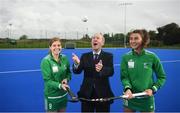 14 October 2019; Minister for Sport Shane Ross, T.D. in attendance alongside Ireland hockey players Katie Mullan, left, and Deirdre Duke at the official opening of the Sport Ireland Hockey Training Centre at the Sport Ireland Campus in Abbotstown, Dublin. The new state of the art hockey provides a welcome boost to Ireland’s national hockey teams ahead of their upcoming Tokyo 2020 qualification matches. The Polytan Polygras Toyko GT surface is the same as that being used at the 2020 Tokyo Olympic Games and the 2022 World Cup. Photo by David Fitzgerald/Sportsfile