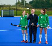 14 October 2019; Minister for Sport Shane Ross, T.D. in attendance alongside Ireland hockey players Katie Mullan, left, and Deirdre Duke at the official opening of the Sport Ireland Hockey Training Centre at the Sport Ireland Campus in Abbotstown, Dublin. The new state of the art hockey provides a welcome boost to Ireland’s national hockey teams ahead of their upcoming Tokyo 2020 qualification matches. The Polytan Polygras Toyko GT surface is the same as that being used at the 2020 Tokyo Olympic Games and the 2022 World Cup. Photo by David Fitzgerald/Sportsfile