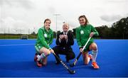 14 October 2019; Minister for Sport Shane Ross, T.D. in attendance alongside Ireland hockey players Katie Mullan, left, and Deirdre Duke at the official opening of the Sport Ireland Hockey Training Centre at the Sport Ireland Campus in Abbotstown, Dublin. The new state of the art hockey provides a welcome boost to Ireland’s national hockey teams ahead of their upcoming Tokyo 2020 qualification matches. The Polytan Polygras Toyko GT surface is the same as that being used at the 2020 Tokyo Olympic Games and the 2022 World Cup. Photo by David Fitzgerald/Sportsfile