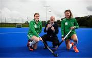 14 October 2019; Minister for Sport Shane Ross, T.D. in attendance alongside Ireland hockey players Katie Mullan, left, and Deirdre Duke at the official opening of the Sport Ireland Hockey Training Centre at the Sport Ireland Campus in Abbotstown, Dublin. The new state of the art hockey provides a welcome boost to Ireland’s national hockey teams ahead of their upcoming Tokyo 2020 qualification matches. The Polytan Polygras Toyko GT surface is the same as that being used at the 2020 Tokyo Olympic Games and the 2022 World Cup. Photo by David Fitzgerald/Sportsfile