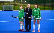 14 October 2019; Minister for Sport Shane Ross, T.D. in attendance alongside Ireland hockey players Katie Mullan, left, and Deirdre Duke at the official opening of the Sport Ireland Hockey Training Centre at the Sport Ireland Campus in Abbotstown, Dublin. The new state of the art hockey provides a welcome boost to Ireland’s national hockey teams ahead of their upcoming Tokyo 2020 qualification matches. The Polytan Polygras Toyko GT surface is the same as that being used at the 2020 Tokyo Olympic Games and the 2022 World Cup. Photo by David Fitzgerald/Sportsfile