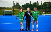 14 October 2019; Minister for Sport Shane Ross, T.D. in attendance alongside Ireland hockey players Katie Mullan, left, and Deirdre Duke at the official opening of the Sport Ireland Hockey Training Centre at the Sport Ireland Campus in Abbotstown, Dublin. The new state of the art hockey provides a welcome boost to Ireland’s national hockey teams ahead of their upcoming Tokyo 2020 qualification matches. The Polytan Polygras Toyko GT surface is the same as that being used at the 2020 Tokyo Olympic Games and the 2022 World Cup. Photo by David Fitzgerald/Sportsfile
