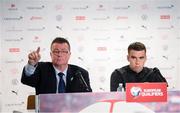 14 October 2019; FAI Director of Communications Cathal Dervan and Seamus Coleman during a Republic of Ireland press conference at Stade de Genève in Geneva, Switzerland. Photo by Stephen McCarthy/Sportsfile