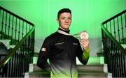 15 October 2019; Rhys McClenaghan of Ireland poses for a portrait with his Bronze medal from the pommel-horse final at the 49th FIG Artistic Gymnastics World Championships during the Gymnastics Ireland Homecoming Press Conference at Ely Place in Dublin. Photo by Sam Barnes/Sportsfile