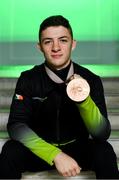 15 October 2019; Rhys McClenaghan of Ireland poses for a portrait with his Bronze medal from the pommel-horse final at the 49th FIG Artistic Gymnastics World Championships during the Gymnastics Ireland Homecoming Press Conference at Ely Place in Dublin. Photo by Sam Barnes/Sportsfile