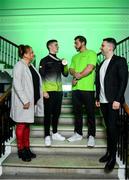 15 October 2019; In attendance during the Gymnastics Ireland Homecoming Press Conference at Ely Place in Dublin are, from left, Sally Johnson, Gymnastics Ireland Performance & Technical Manager, Rhys McClenaghan of Ireland, bronze medallist in the pommel-horse final during the 49th FIG Artistic Gymnastics World Championships, Luke Carson, Coach to Rhys McClenaghan, and Ciaran Gallagher, Gymnastics Ireland CEO. Photo by Sam Barnes/Sportsfile