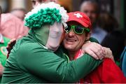 15 October 2019; Republic of Ireland supporter Paddy Hegarty with a Switzerland supporter in Geneva prior to the UEFA EURO2020 Qualifier match between Switzerland and Republic of Ireland at Stade de Genève in Switzerland. Photo by Stephen McCarthy/Sportsfile