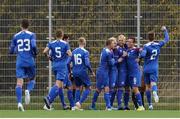 15 October 2019; Iceland players celebrate their side's first goal, a penalty scored by Sveinn Aron Gudjohnsen, during the UEFA European U21 Championship Qualifier Group 1 match between Iceland and Republic of Ireland at Víkingsvöllur in Reykjavik, Iceland. Photo by Eythor Arnason/Sportsfile