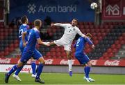 15 October 2019; Zack Elbouzedi of Republic of Ireland in action against Alfons Sampsted of Iceland during the UEFA European U21 Championship Qualifier Group 1 match between Iceland and Republic of Ireland at Víkingsvöllur in Reykjavik, Iceland. Photo by Eythor Arnason/Sportsfile