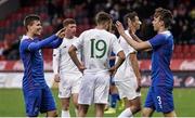 15 October 2019; Iceland players Finnur Tómas Pálmason, right, and Alfons Sampsted celebrate following the UEFA European U21 Championship Qualifier Group 1 match between Iceland and Republic of Ireland at Víkingsvöllur in Reykjavik, Iceland. Photo by Eythor Arnason/Sportsfile