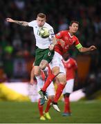15 October 2019; James McClean of Republic of Ireland in action against Stephan Lichtsteiner of Switzerland during the UEFA EURO2020 Qualifier match between Switzerland and Republic of Ireland at Stade de Genève in Geneva, Switzerland. Photo by Stephen McCarthy/Sportsfile
