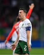 15 October 2019; Seamus Coleman of Republic of Ireland reacts after a foul is given against him during the UEFA EURO2020 Qualifier match between Switzerland and Republic of Ireland at Stade de Genève in Geneva, Switzerland. Photo by Seb Daly/Sportsfile