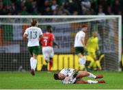 15 October 2019; Aaron Connolly of Republic of Ireland reacts following a collision during the UEFA EURO2020 Qualifier match between Switzerland and Republic of Ireland at Stade de Genève in Geneva, Switzerland. Photo by Seb Daly/Sportsfile
