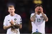 15 October 2019; Jeff Hendrick, right, and James McClean of Republic of Ireland react after the UEFA EURO2020 Qualifier match between Switzerland and Republic of Ireland at Stade de Genève in Geneva, Switzerland. Photo by Stephen McCarthy/Sportsfile