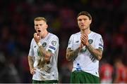 15 October 2019; James McClean, left, and Jeff Hendrick of Republic of Ireland following the UEFA EURO2020 Qualifier match between Switzerland and Republic of Ireland at Stade de Genève in Geneva, Switzerland. Photo by Seb Daly/Sportsfile