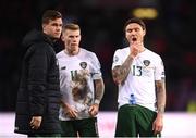 15 October 2019; James Collins, left, Jeff Hendrick, right, and James McClean of Republic of Ireland react after the UEFA EURO2020 Qualifier match between Switzerland and Republic of Ireland at Stade de Genève in Geneva, Switzerland. Photo by Stephen McCarthy/Sportsfile