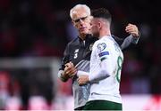 15 October 2019; Republic of Ireland manager Mick McCarthy with Alan Browne following the UEFA EURO2020 Qualifier match between Switzerland and Republic of Ireland at Stade de Genève in Geneva, Switzerland. Photo by Stephen McCarthy/Sportsfile