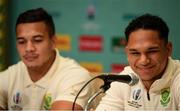 16 October 2019; Herschel Jantjies, right, and Cheslin Kolbe during a South Africa press conference at the Keio Plaza Hotel Tokyo in Tokyo, Japan. Photo by Ramsey Cardy/Sportsfile