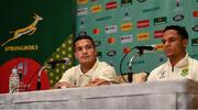 16 October 2019; Herschel Jantjies, right, and Cheslin Kolbe during a South Africa press conference at the Keio Plaza Hotel Tokyo in Tokyo, Japan. Photo by Ramsey Cardy/Sportsfile