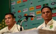 16 October 2019; Herschel Jantjies, right, and Cheslin Kolbe during a South Africa press conference at the Keio Plaza Hotel Tokyo in Tokyo, Japan. Photo by Ramsey Cardy/Sportsfile