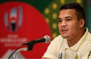 16 October 2019; Cheslin Kolbe during a South Africa press conference at the Keio Plaza Hotel Tokyo in Tokyo, Japan. Photo by Ramsey Cardy/Sportsfile