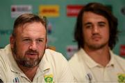 16 October 2019; Forwards coach Matt Proudfoot, left, and Franco Mostert during a South Africa press conference at the Keio Plaza Hotel Tokyo in Tokyo, Japan. Photo by Ramsey Cardy/Sportsfile