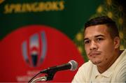 16 October 2019; Cheslin Kolbe during a South Africa press conference at the Keio Plaza Hotel Tokyo in Tokyo, Japan. Photo by Ramsey Cardy/Sportsfile