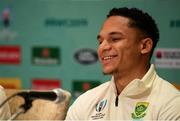 16 October 2019; Herschel Jantjies during a South Africa press conference at the Keio Plaza Hotel Tokyo in Tokyo, Japan. Photo by Ramsey Cardy/Sportsfile